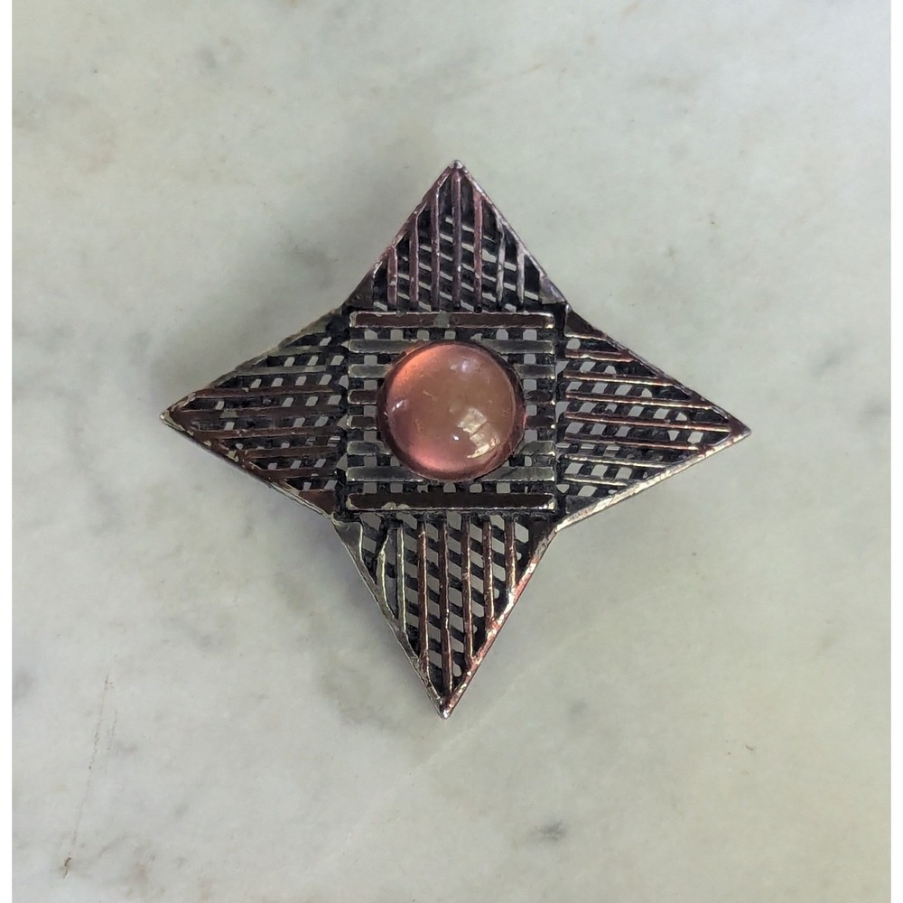 MCM‎ Starburst Brooch Brutalist Lattice Stone Cabochon Vintage Mid Century Pin